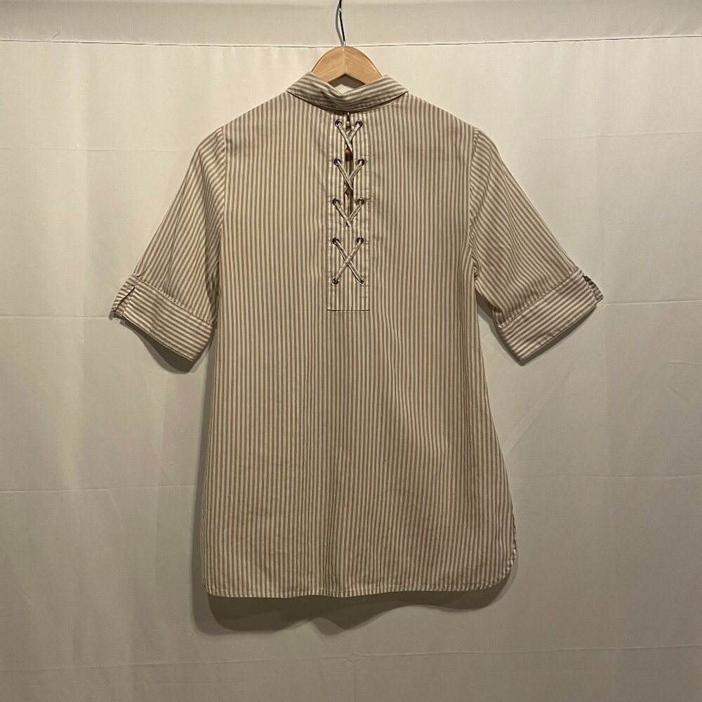 Chicos Sz 0 Short Sleeve Cotton Striped Lace-up Back Blouse Tunic Beige/White